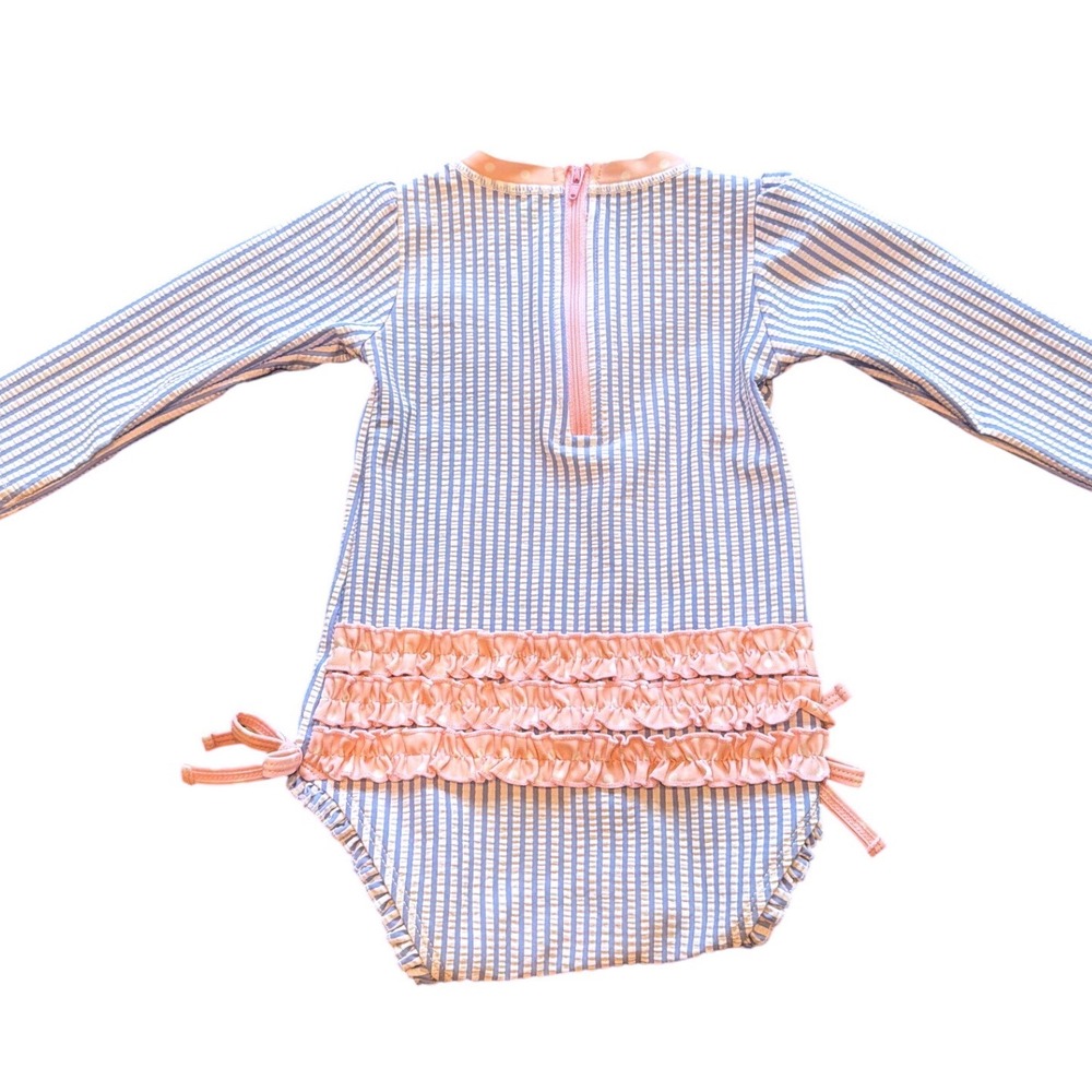 RuffleButts Seersucker Long Sleeve Rash Guard Swimsuit Blue White 18-24M - Picture 6 of 10